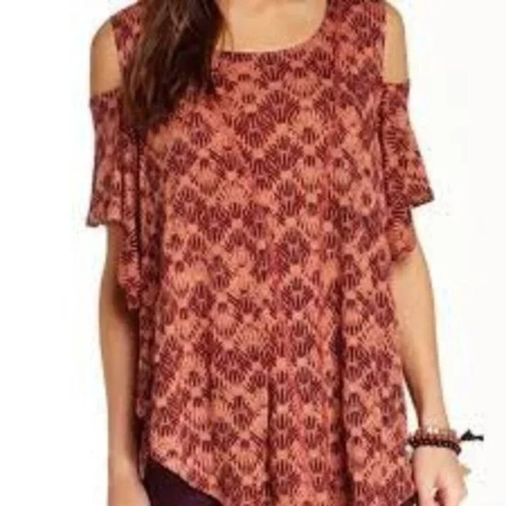 Free People Bittersweet Orange Linen Cold Shoulder Top - Picture 2 of 8